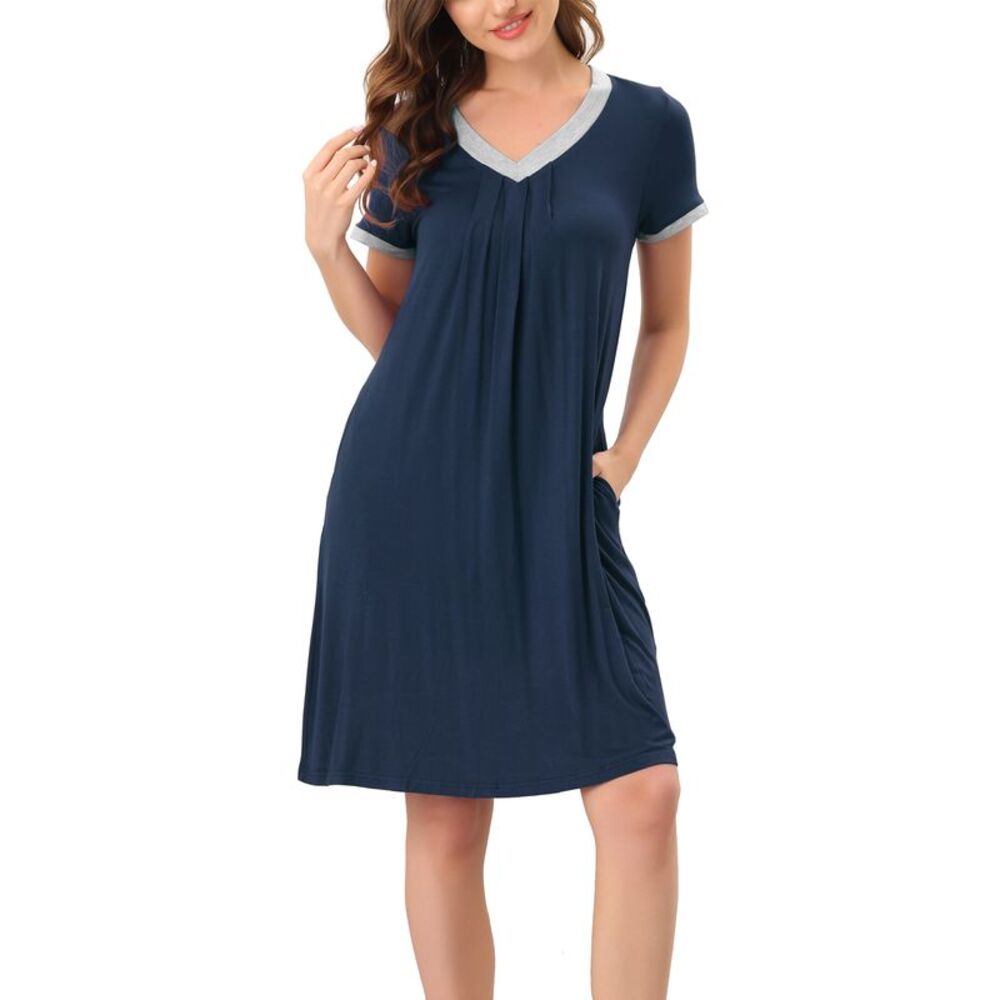 Womens Nightshirt Sleepwear Lounge Dress V-Neck with Pockets Pajama Blue